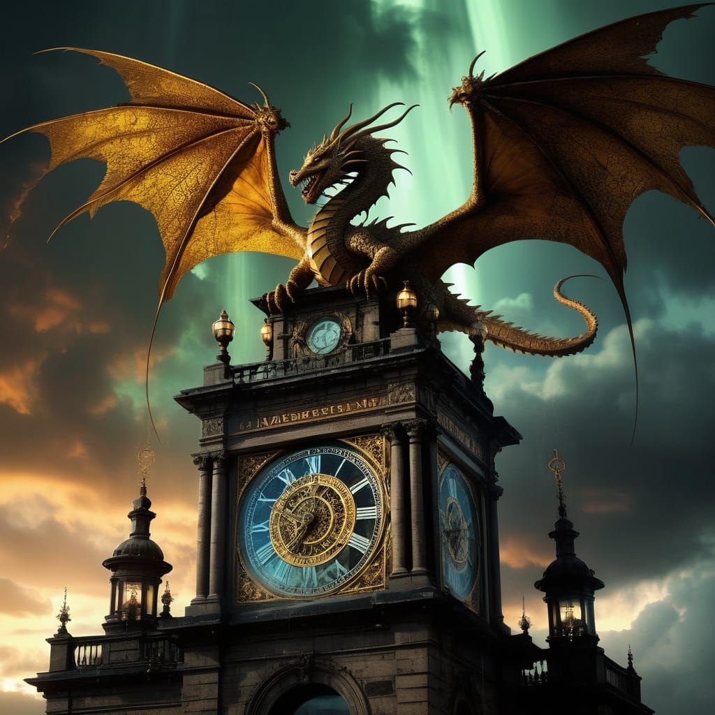 Gargantuan Dragon Ascends Baroque Sci-Fi Clock Tower