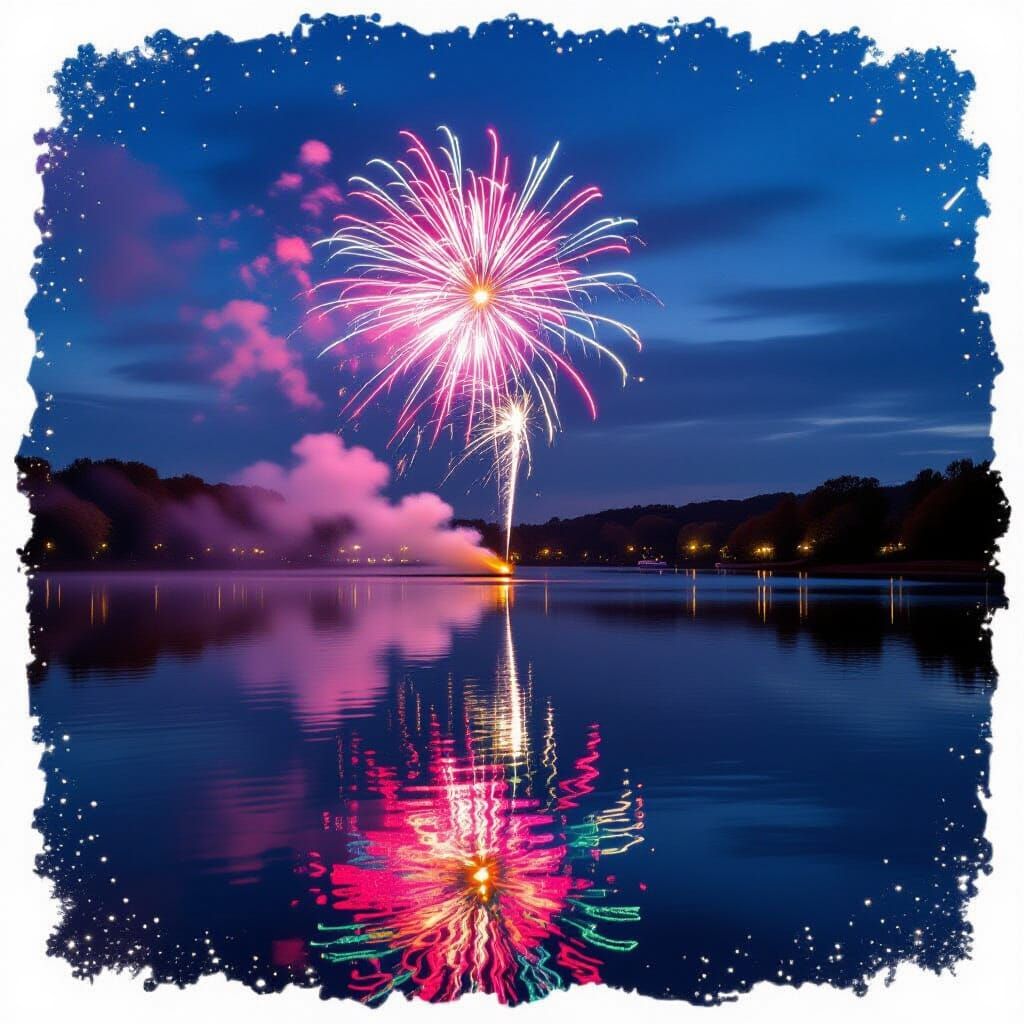 Rainbow Firework Over Dark Lake in Autumn