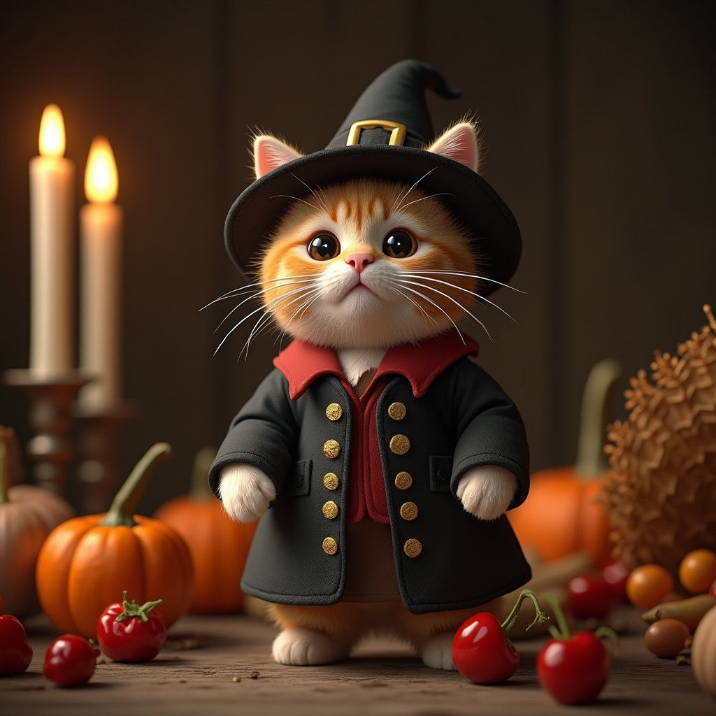 Pilgrim Cat at Thanksgiving Feast in 17th Century Style