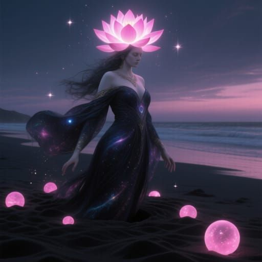 Goddess Emerges from Twilight Beach in Digital Art Style