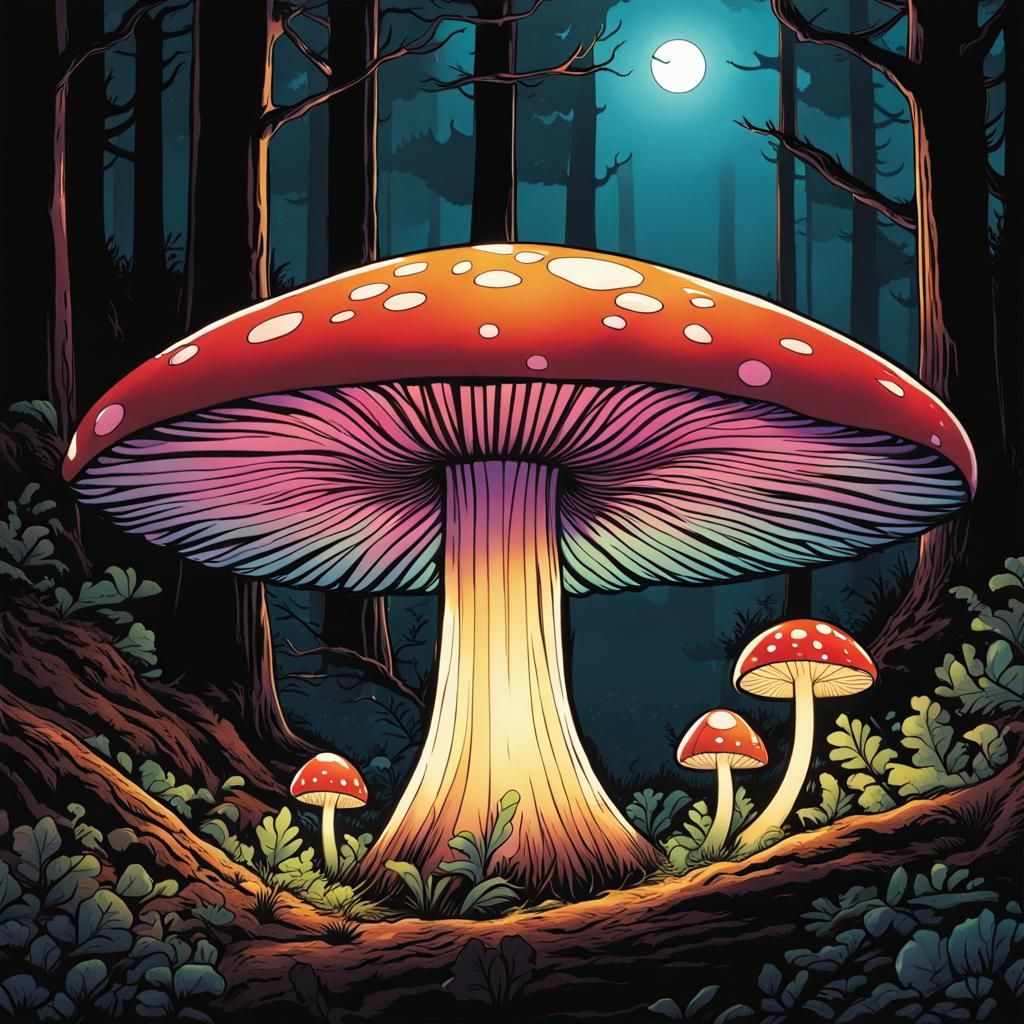 Glowing Mushroom Shines in Dark Forest