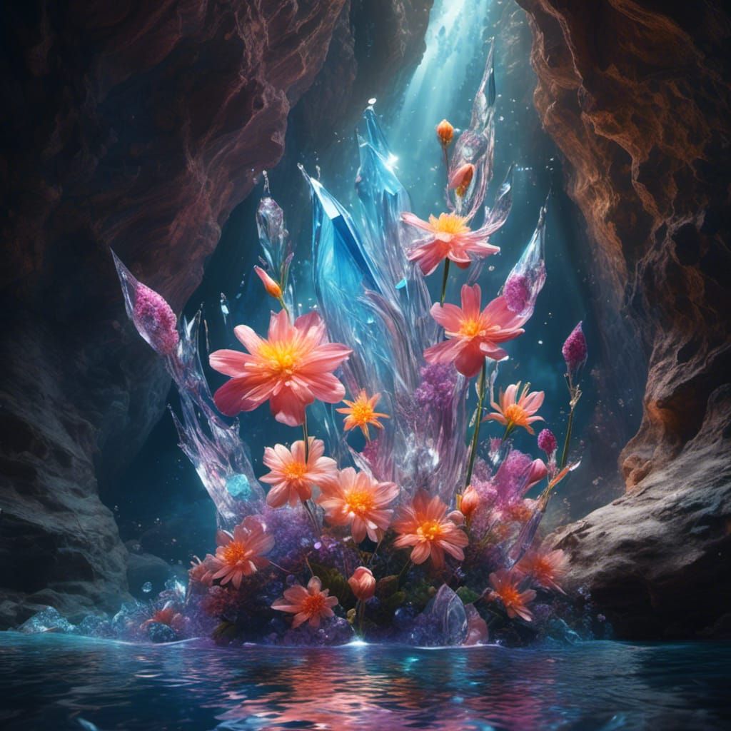 Iced Flower in Crystalline Cavern: Hyperreal Digital Art