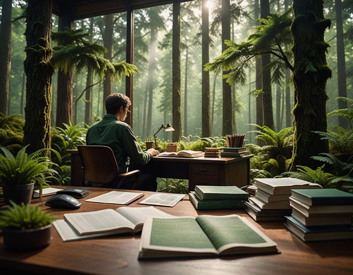 Serene Forest Office: Hyperrealistic Photograph