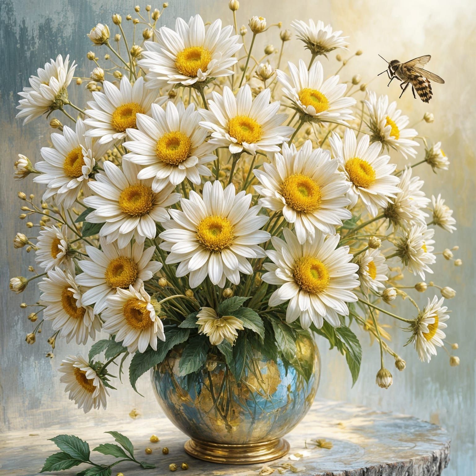 White and Gold Daisies with Bee, Painting Style
