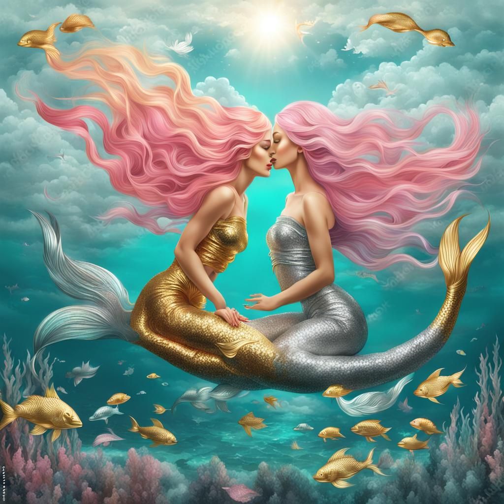 Golden and Silver Mermaids Swim in Surreal Sky
