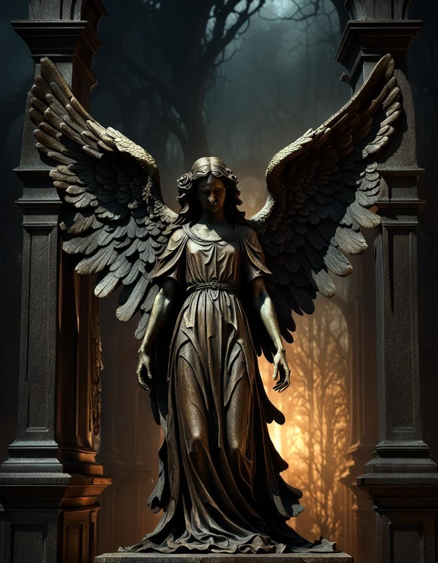 Sorrowful Bronze Angel Statue in Gothic Cemetery
