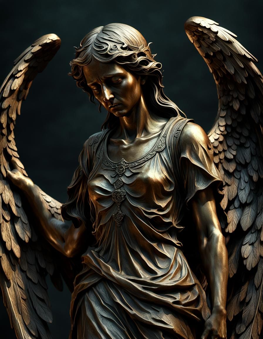 Sorrowful Bronze Angel Statue in Gothic Cemetery