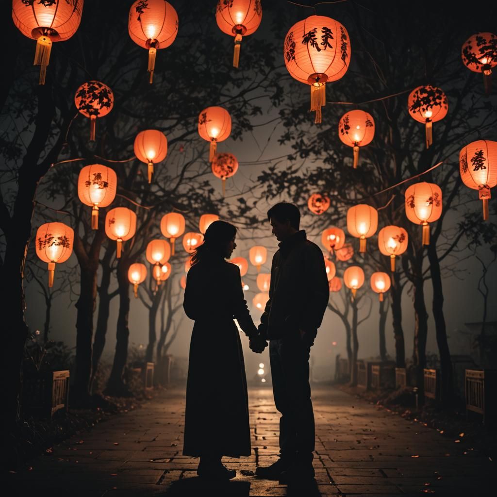 Silhouette Embrace Under Chinese Lanterns