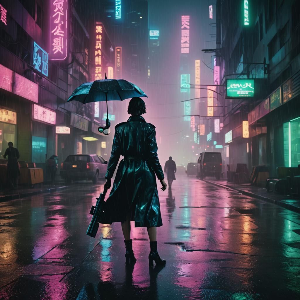 Neo-Noir Businesswoman with Gun in Dystopian Cityscape