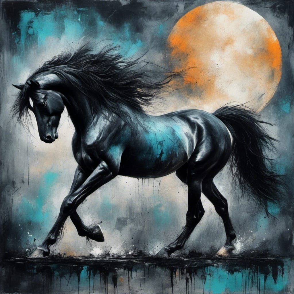 Wild Horse Silhouette in Oil Chalk Painting Style