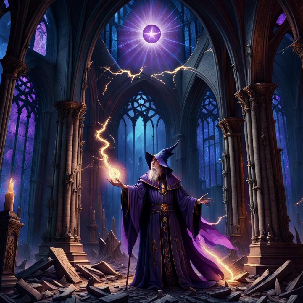 Wizard Summons Meteor in Gothic Cathedral