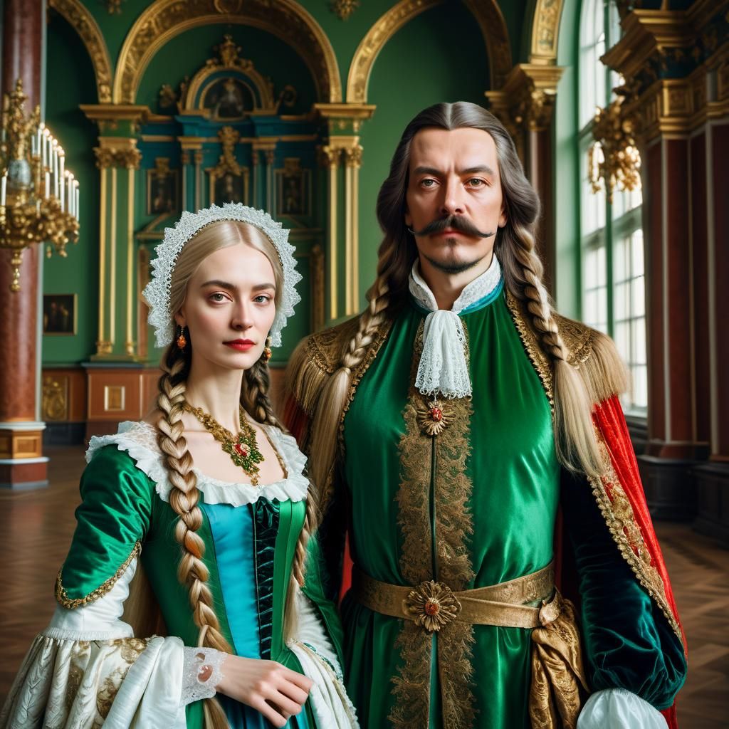 Baroque Portrait of Russian Couple in Grand Hall