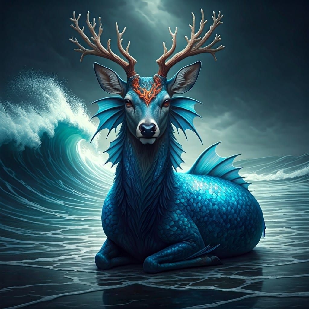 Mythical Sea Deer with Coral Horns and Fish Tail