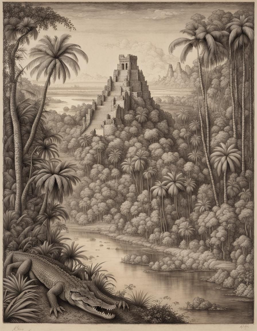 Hyperdetailed Charcoal Drawing: Maya Ruins in Jungle