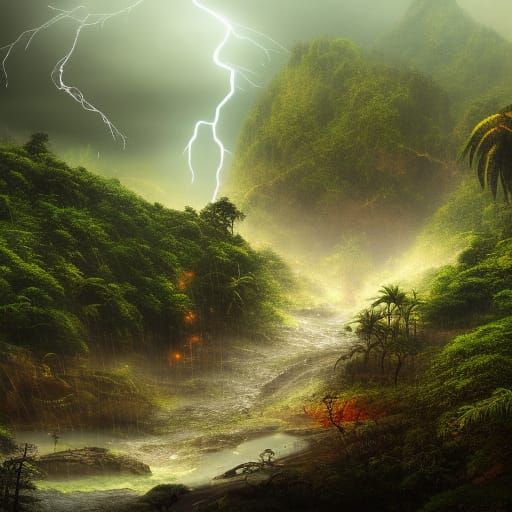 Solarpunk Congolese Jungle Under Thunderstorm