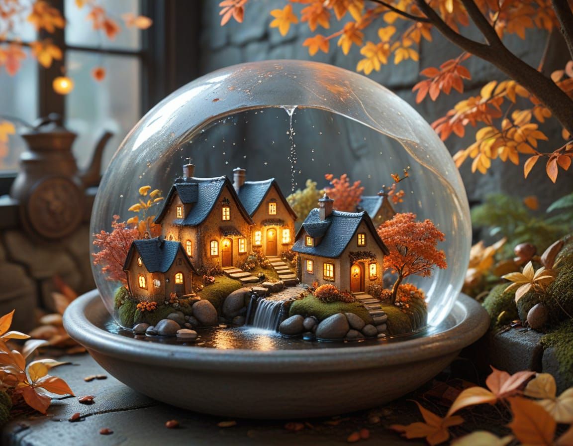 Tiny Autumn Village in a Falling Water Drop