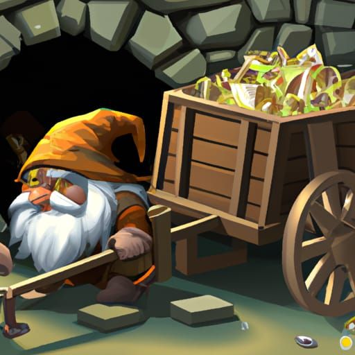 Photorealistic Dwarf Pushing Gem Cart from Cave