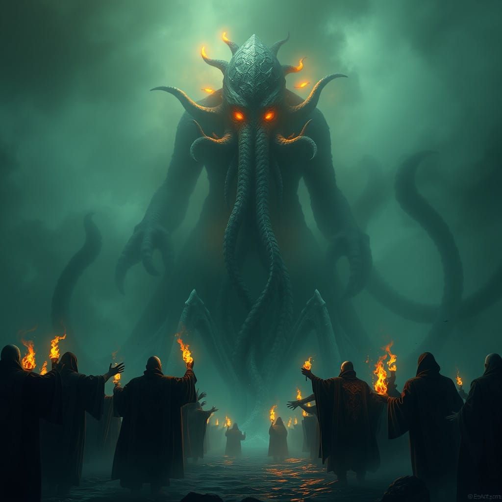 Cthulhu Ascends from the Abyss in Dark, Golden Splendor