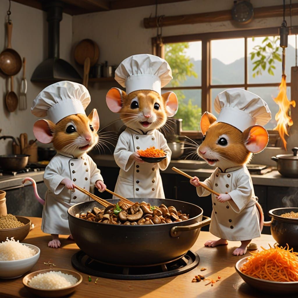 Golden Mouse Chefs in Cozy Chinese Kitchen