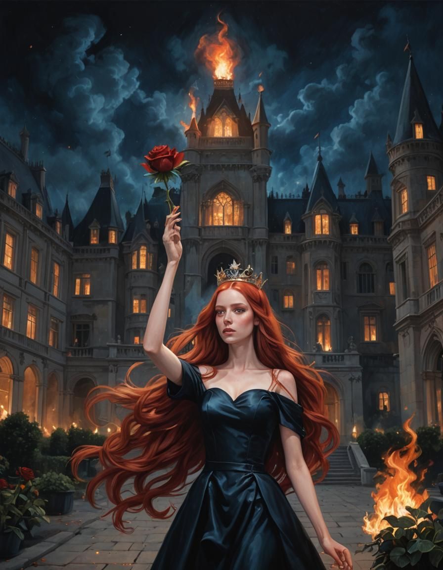 Girl with Burning Rose Before Modern Palace
