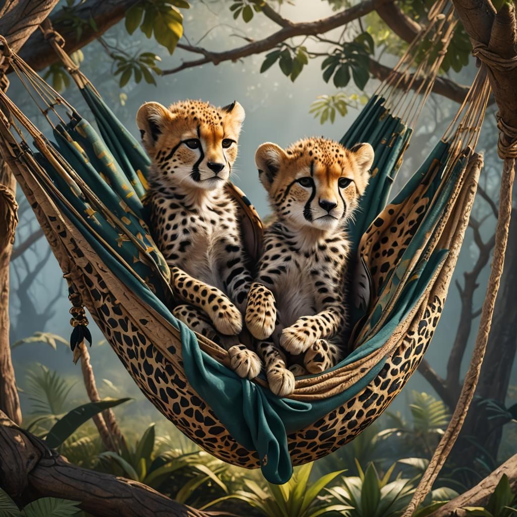Winged Cheetah Cubs Asleep: Fantasy Concept Art