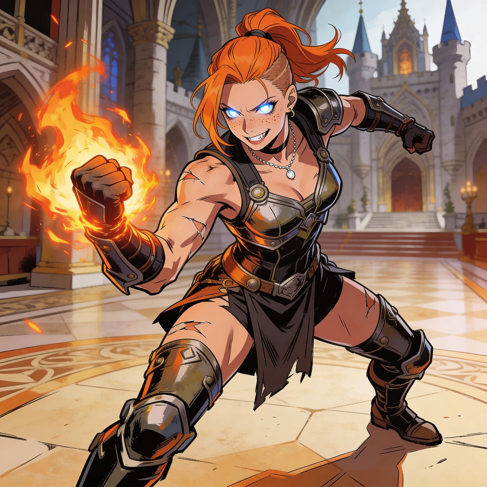 Muscular Warrior Woman with Fireball in Castle