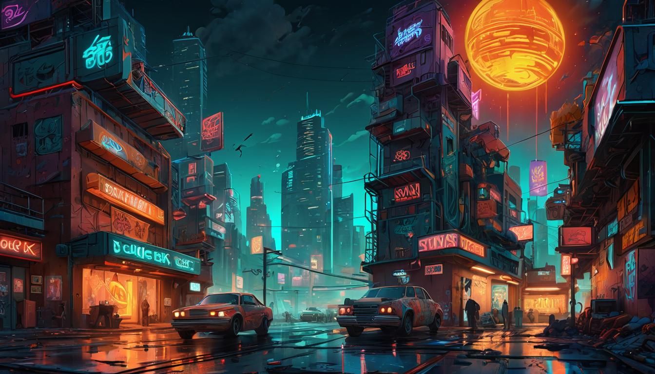 Polychromatic Graffiti Mural Under Neon Lights