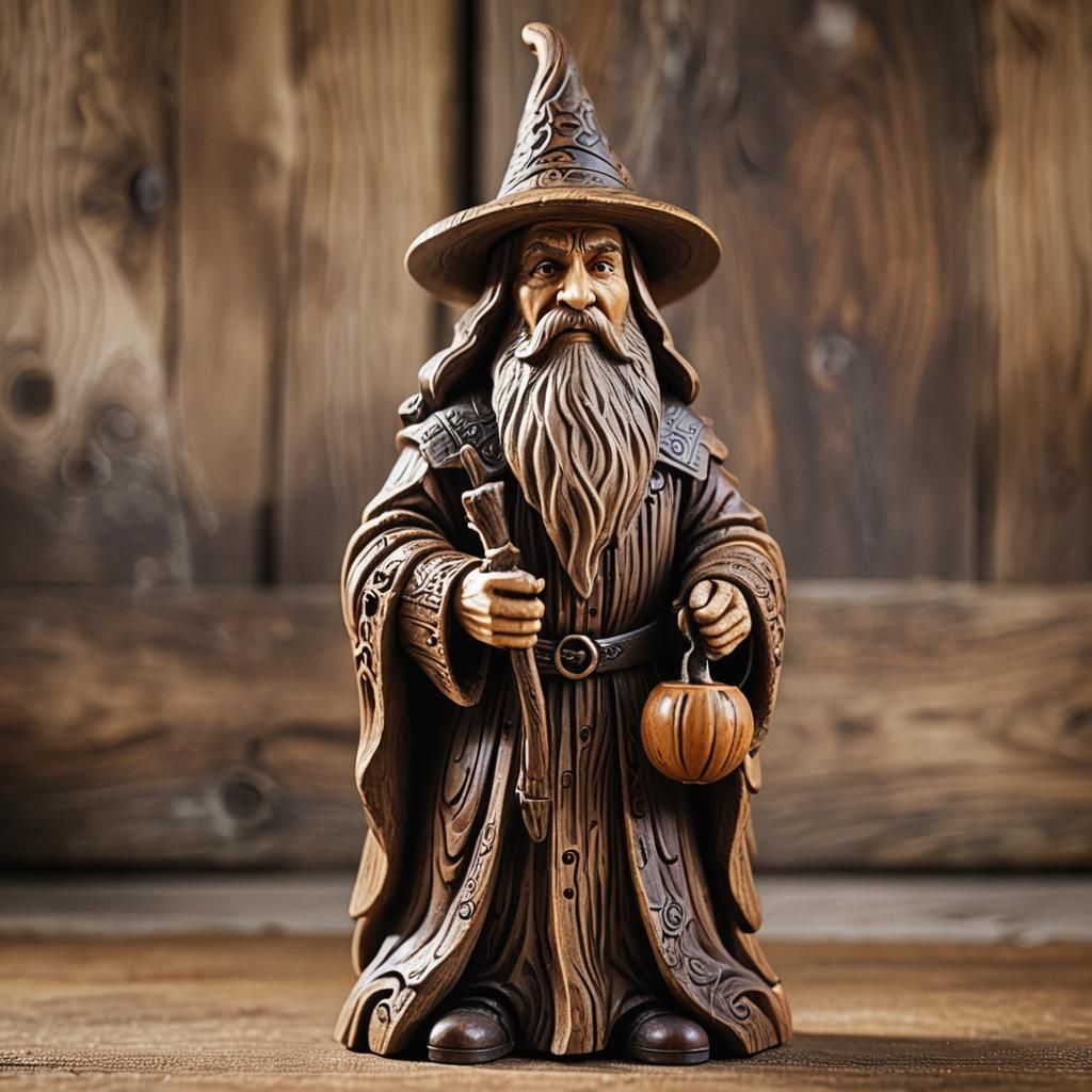 Detailed Carved Wood Wizard Figurine in Sunlight