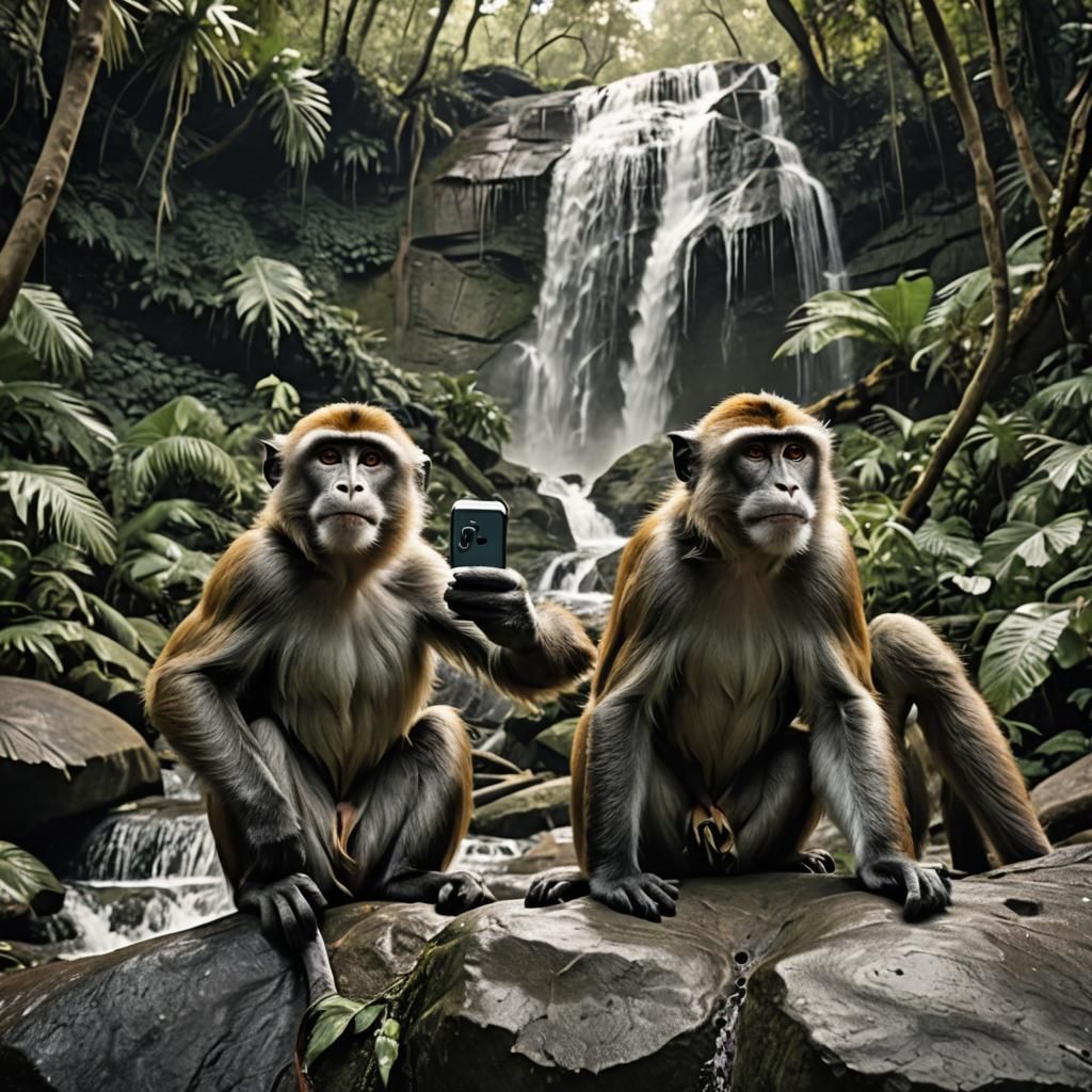 Monkeys Take Selfie in Jungle Waterfall: Vintage Photo