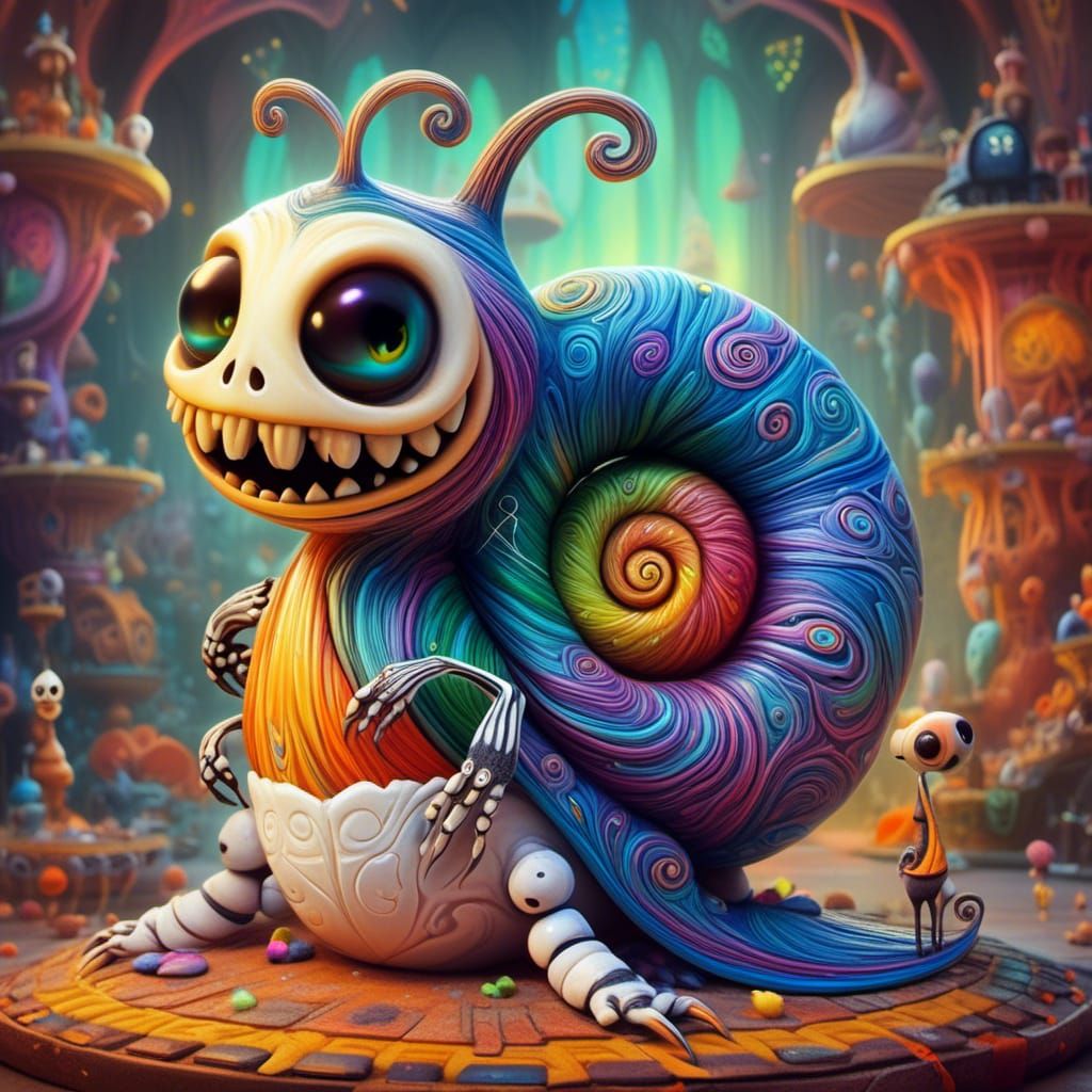 Snail-Horse Jack Skellington Hybrid in Dreamlike Cave