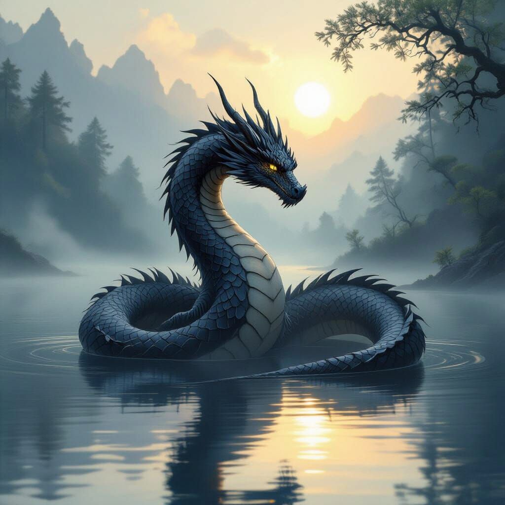 Obsidian Dragon Coiled Around Misty Lake at Dawn