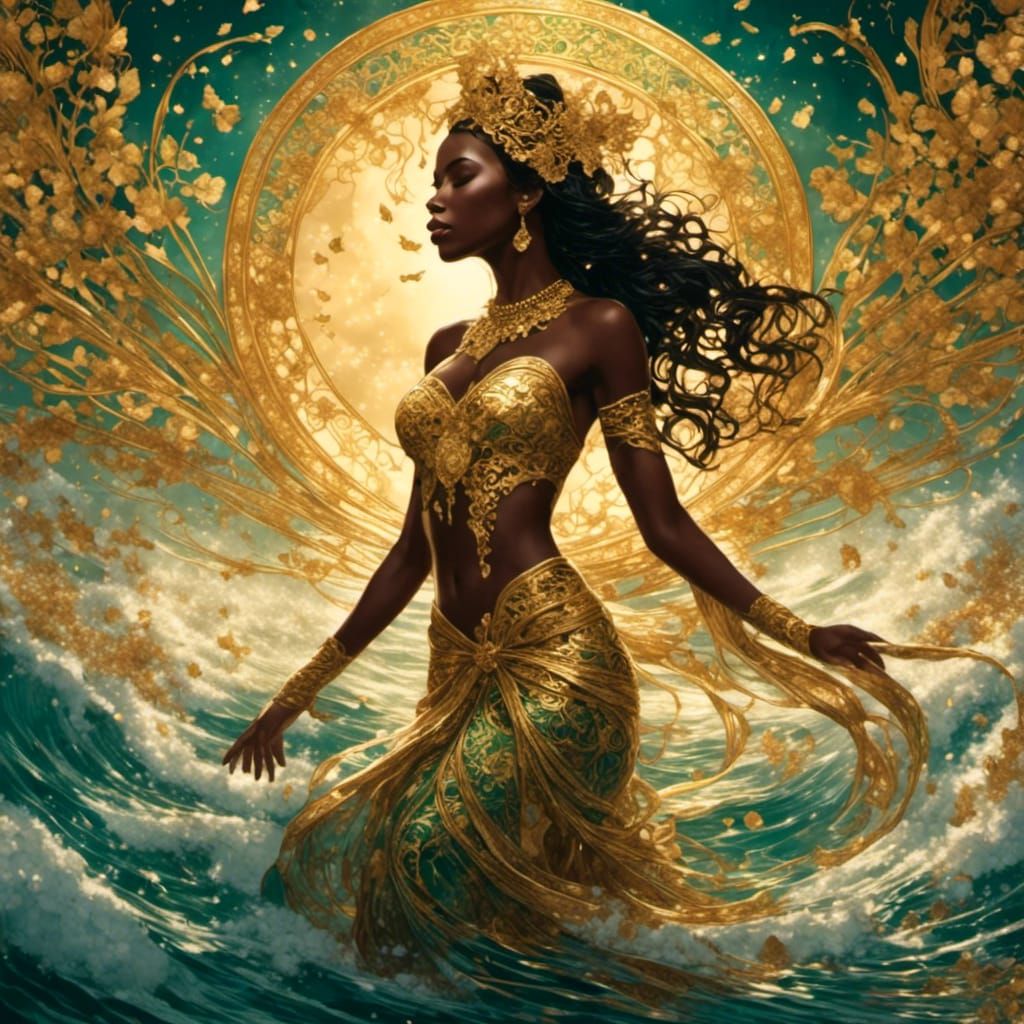 Goddess Emerges from Sea with Gold Filigree