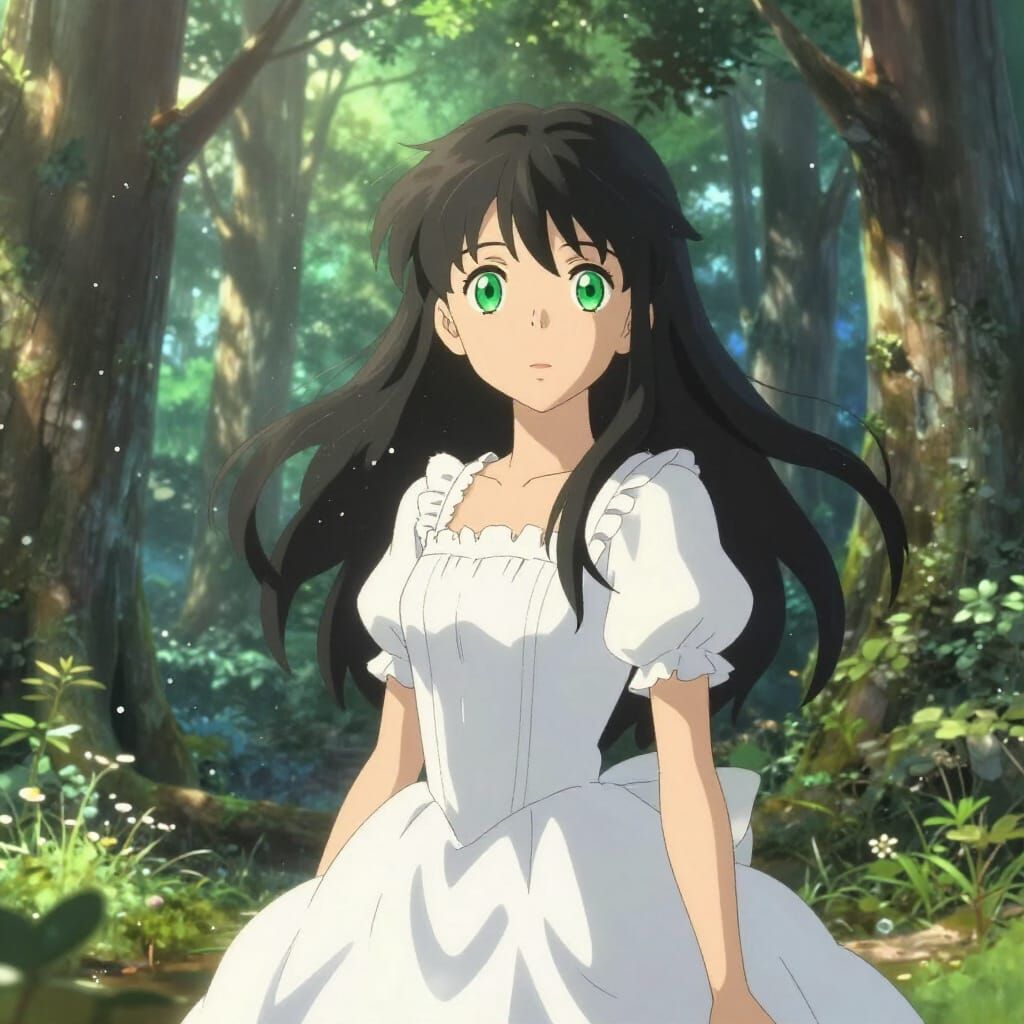 Anime Girl in Forest Clearing with Emerald Eyes