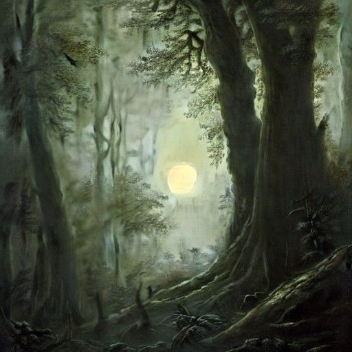 Ominous Moonlight Illuminates Dark Forest, Doré Style