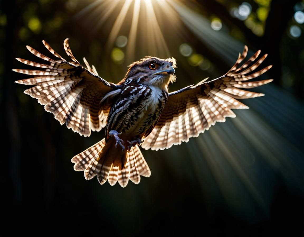 Papuan Frogmouth in Flight: Black Light Fantasy Art