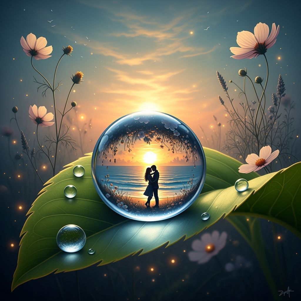 Crystal Dewdrop Reflecting Miniature World at Sunset