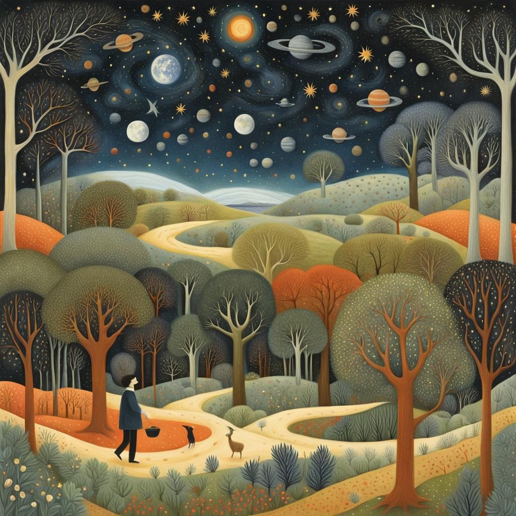 Dreamy Illustration: Man Transforms Desert into Forest