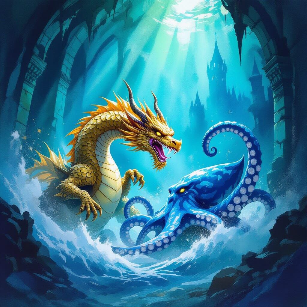 Golden Dragon Battles Kraken in Underwater Castle Cavern