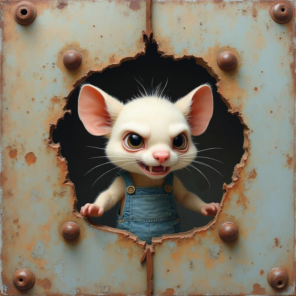 Whimsical Creature Peering from Weathered Metal Wall