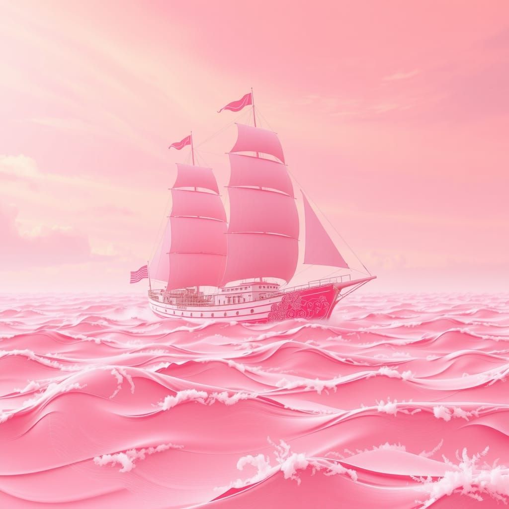 Majestic Pink Ship Sailing a Dreamlike Ocean