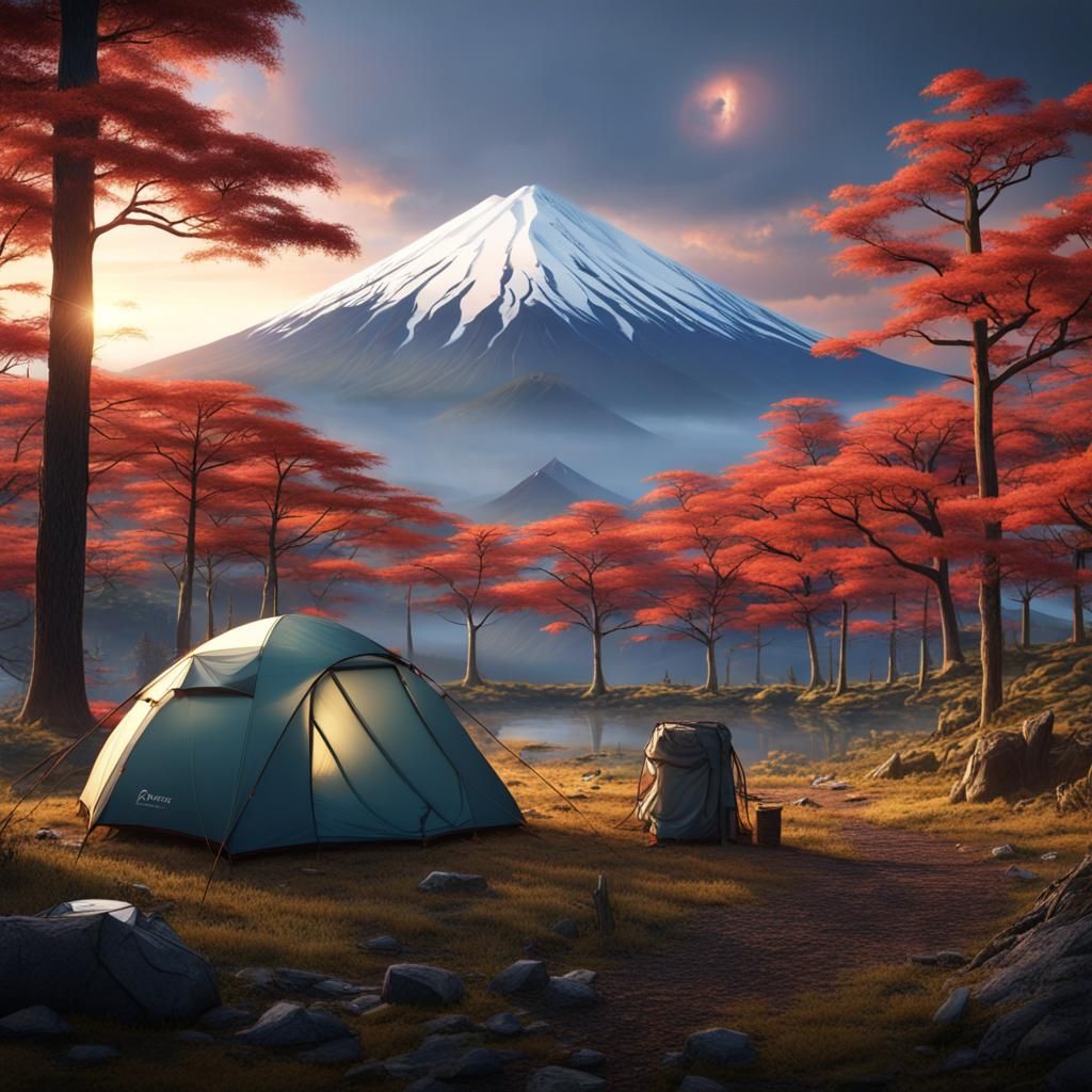 Camping by Mount Fuji: A Detailed Matte Painting