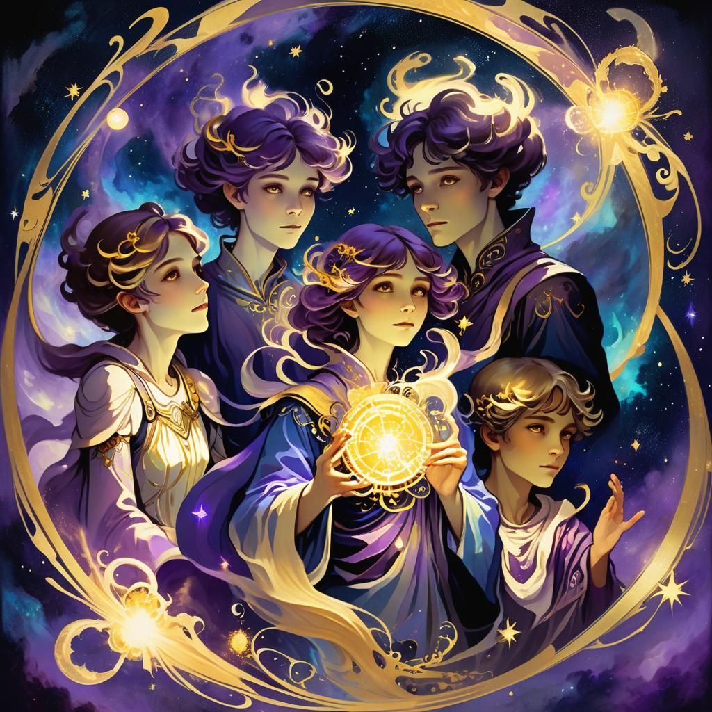 Celestial Siblings in Cosmic Vortex: Fantasy Art