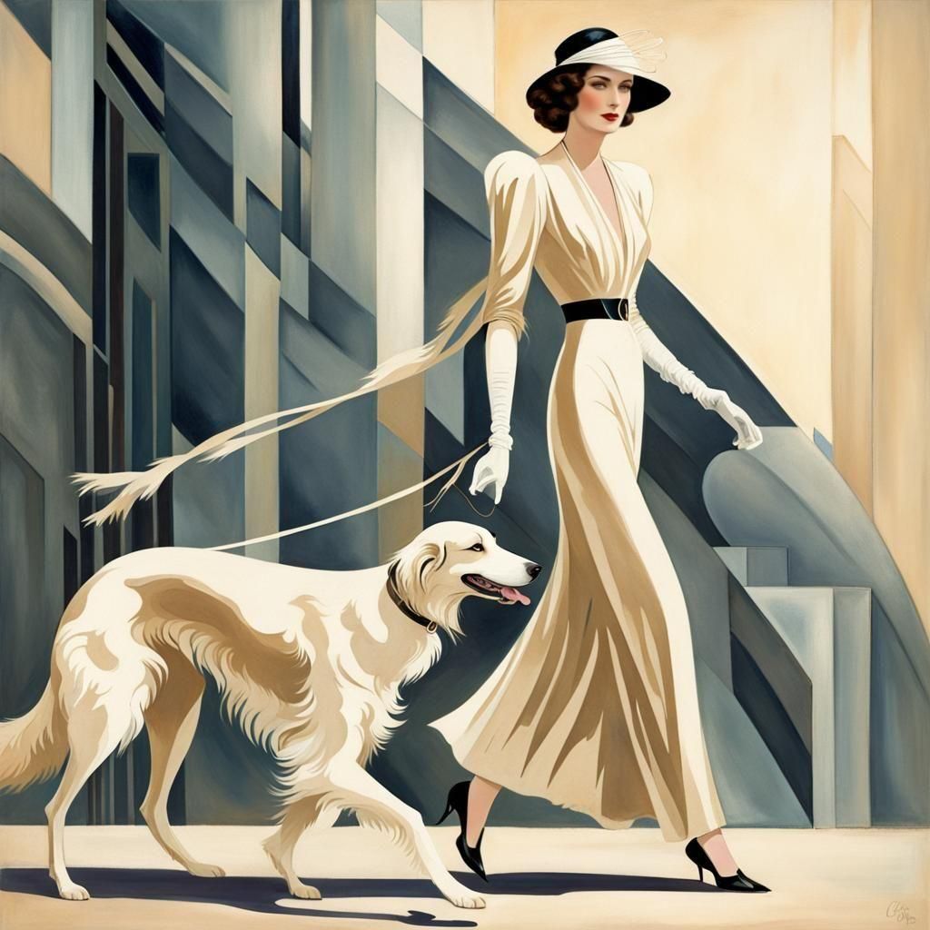 Elegant Art Deco Woman with Borzoi Dog
