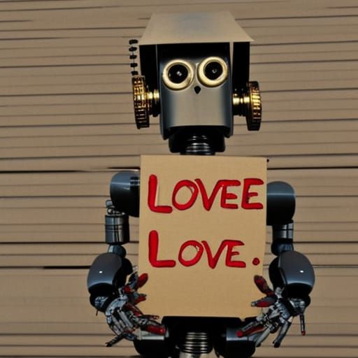 Steampunk Robot Holding a LOVE Sign
