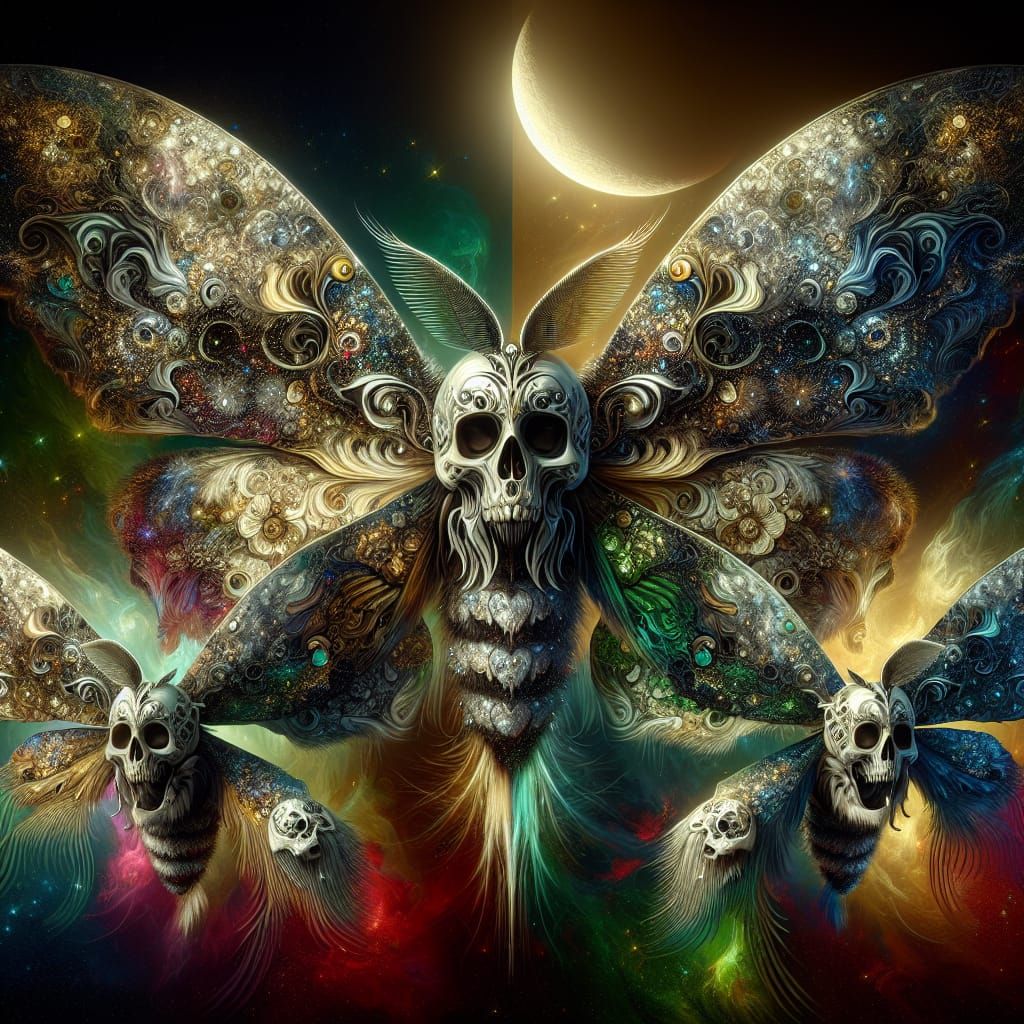 Hyperrealistic Moths with Skull Markings in the Night