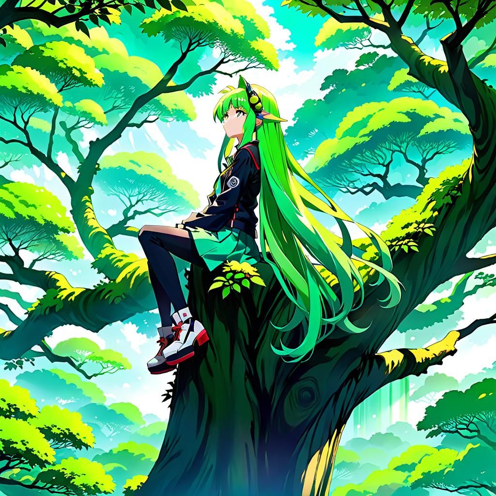 Anime Girl with Green Hair on Treetop