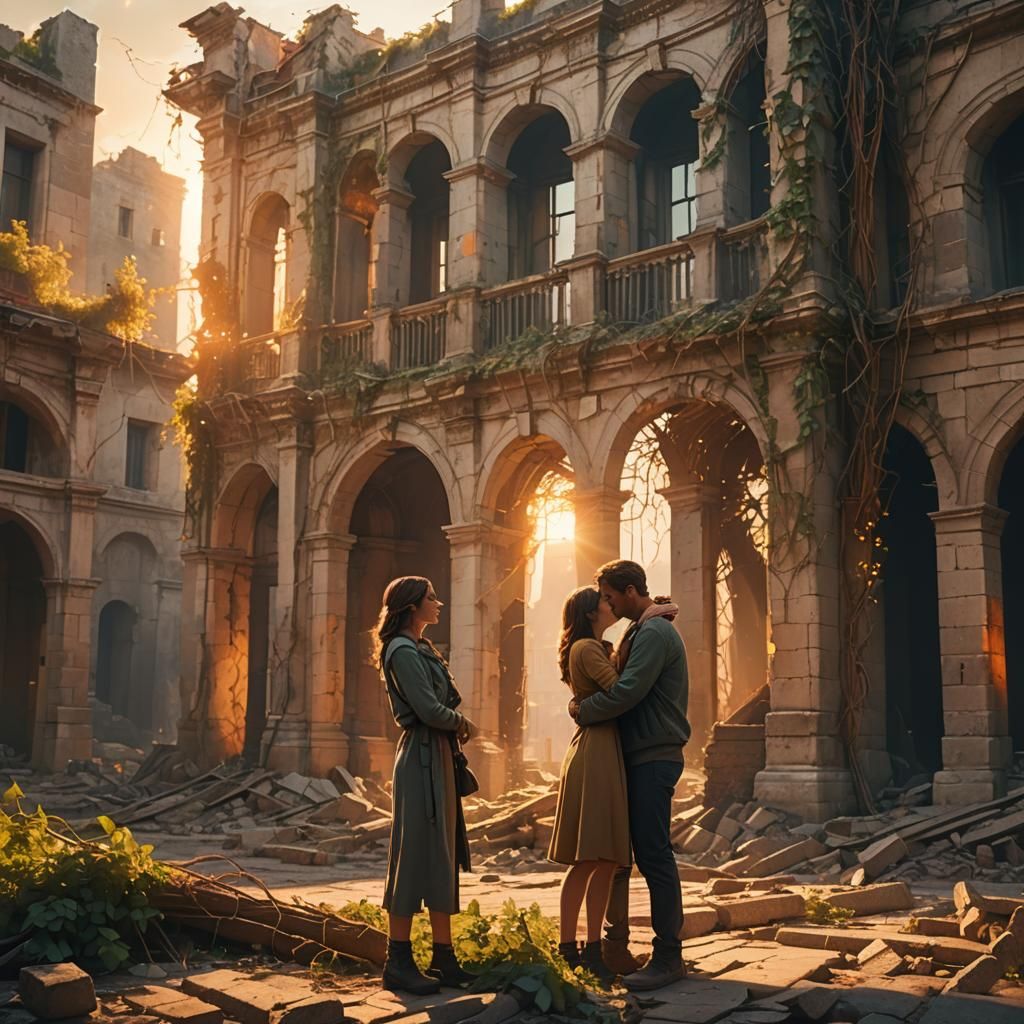 Hopeful Embrace in Rebuilt Cityscape