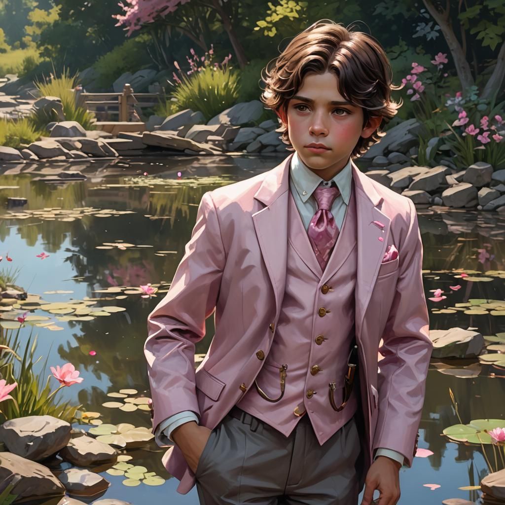Victorian Boy Portrait with Pond, Art Nouveau Style