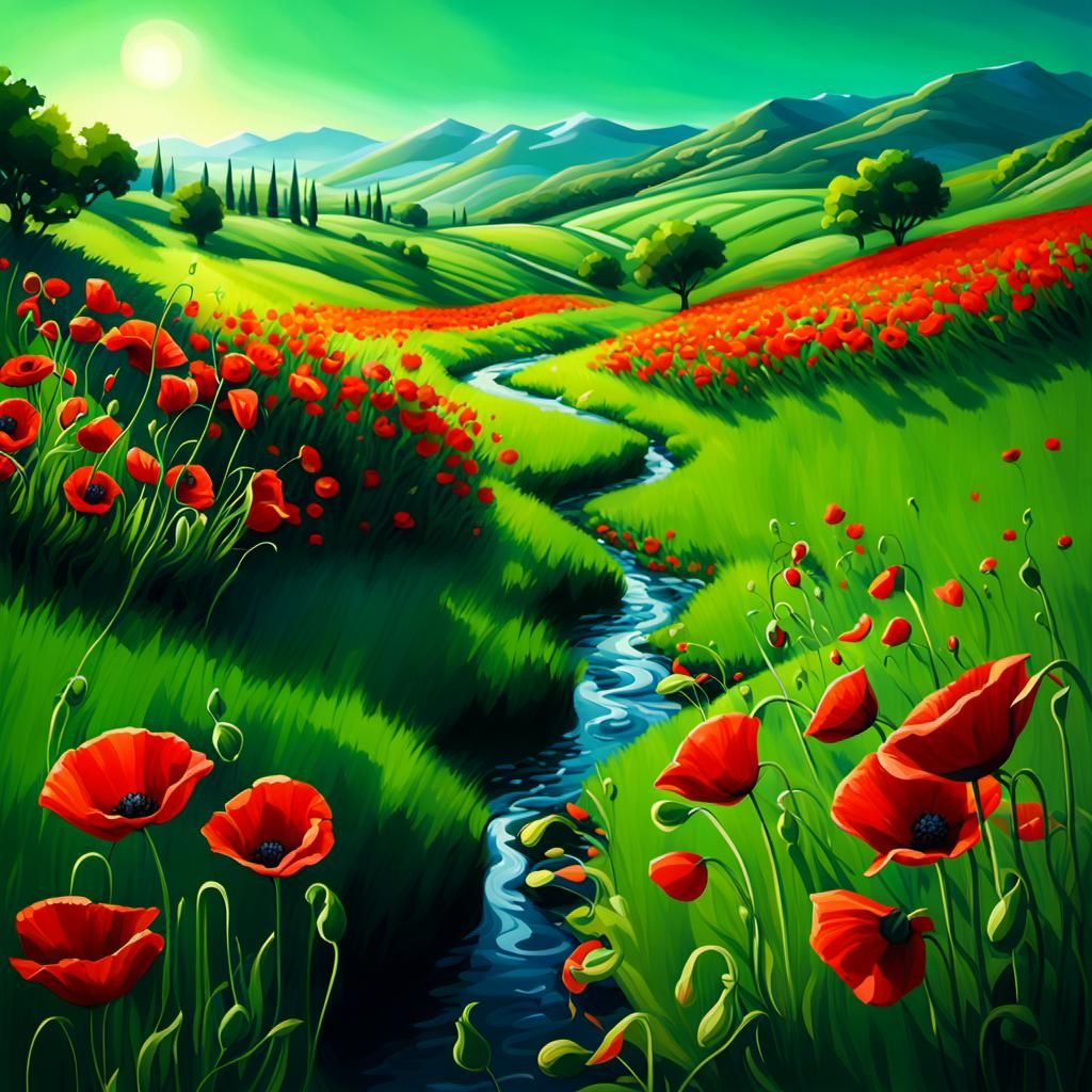 Vivid Poppies in a Green Field: Splash Art