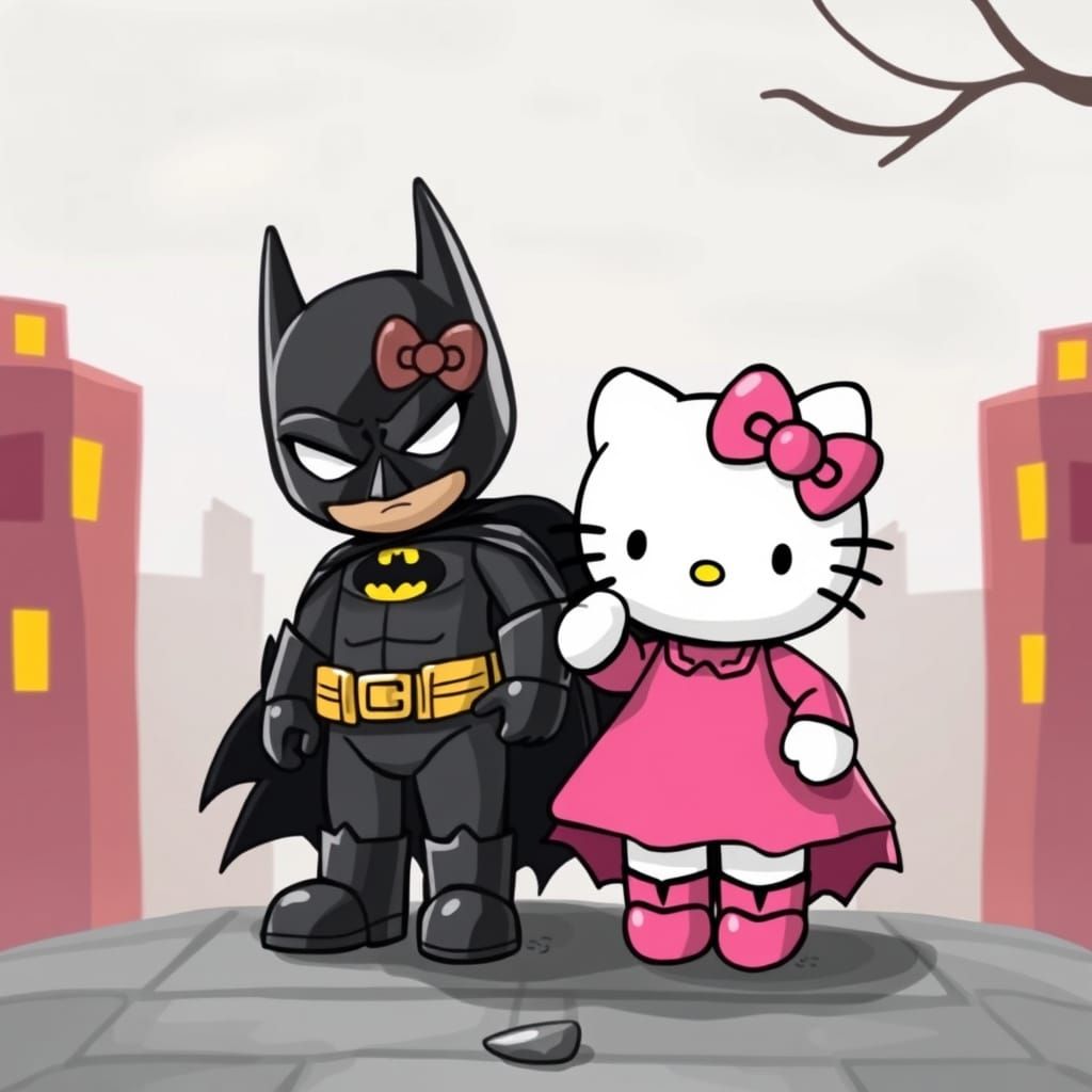 Hello Kitty and Batman in Comic Book Style